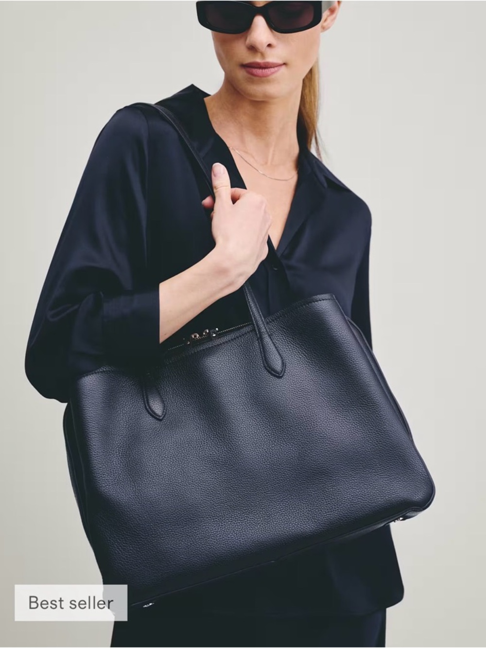 Quince Italian Leather Triple Compartment Work Tote- Black